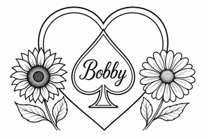 Bobby middle center inside the middle of the spade with a heart around the spade with a sunflower and a daisy on each side of the heart very super extremely traceable to trace onto notebook paper, very super extremely easy and simple traceable tracing black and white outlining outline coloring pages very super extremely traceable to trace onto notebook paper tattoo idea