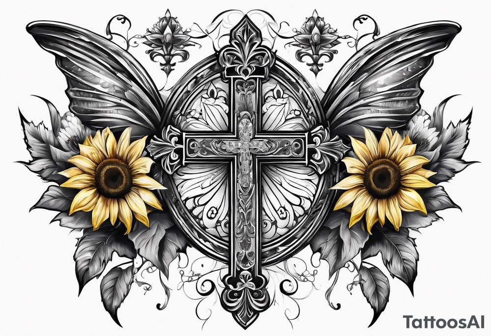 Winged cross with sunflower and butterflies tattoo idea