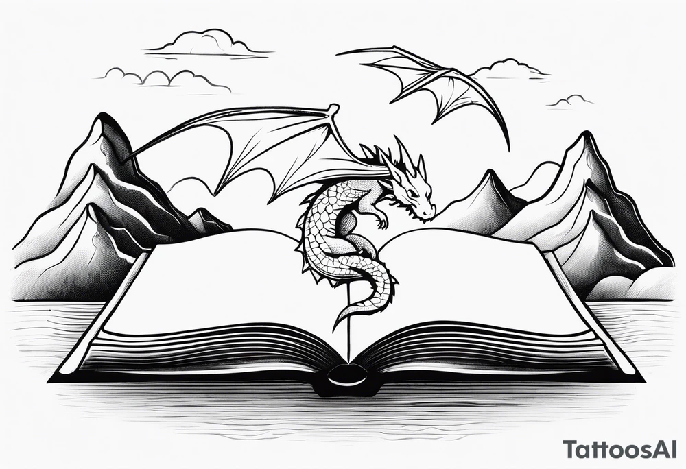 An open magic book. a tiny dragon with four legs flying in the sky. three mountains coming out of the book tattoo idea