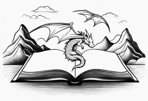 An open magic book. a tiny dragon with four legs flying in the sky. three mountains coming out of the book tattoo idea