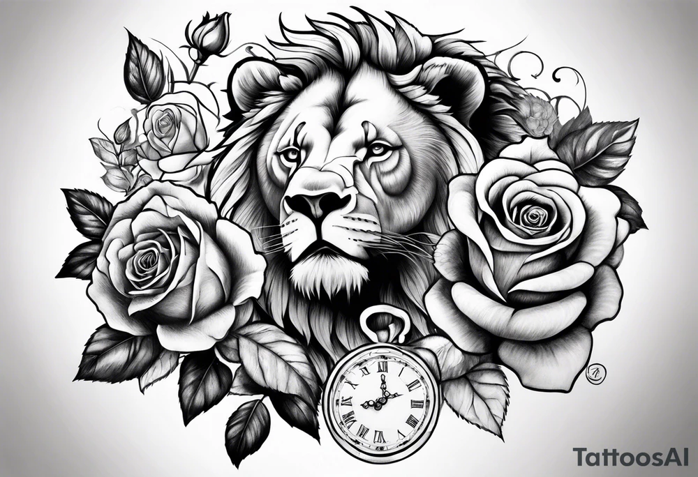 Rose on hand leading into clock bear lion tattoo idea