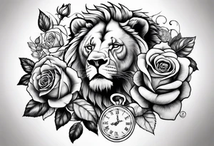 Rose on hand leading into clock bear lion tattoo idea