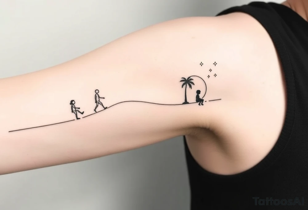 Create a minimalist tattoo design that wraps around the upper right arm, just below the armpit and above an existing blackwork sleeve.

Design Flow:

The tattoo is connected by a thin, continuous line that wraps around the arm.

On the outer/front arm, place a small, minimal walking figure on the line, moving forward. The line should have a gentle wave under his steps to create movement.

The line continues to the inner arm, where a boy is sitting on the line (with his back to the viewer, legs dangling below the line).

To the right of the boy, place a slightly leaning palm tree growing from the line.

Behind or beside the tree, include a minimal sun, low on the horizon (simple circle or half-sun).

In the space above, softly scatter minimalist stars, mostly dots, with 2–3 sparkles or tiny diamond shapes.

Style Notes:

Keep everything in fine line / minimalist style, no heavy shading

Design should feel light, dreamy, and reflective — symbolizing balance between stillness and motion

Line should echo the flow of the existing tribal/blackwork arm band below, but not mimic or clash with it

The boy should sit directly under the palm and with the back to the viewer and the feet hanging from the line tattoo idea