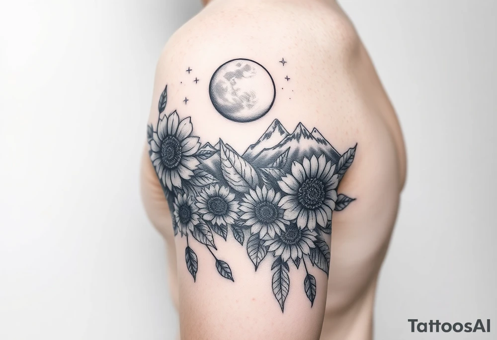 Forearm wrap around tattoo with roses and vine with sunflowers moon and stars mountains tattoo idea