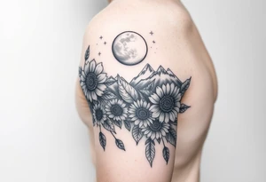 Forearm wrap around tattoo with roses and vine with sunflowers moon and stars mountains tattoo idea