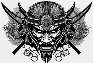 Black samurai mask with simple black stencil for shoulder tattoo idea