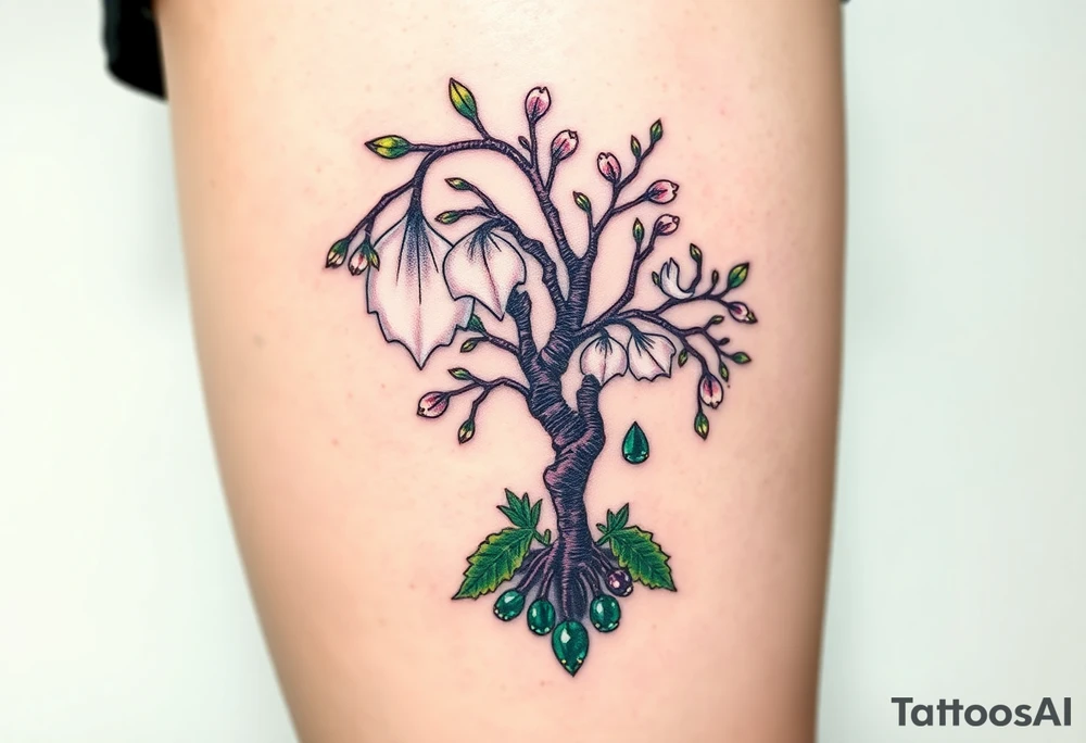 White Lilly of the vally bells mixed with a hawthorn  tree flowering with emeralds at the base of the tree tattoo idea