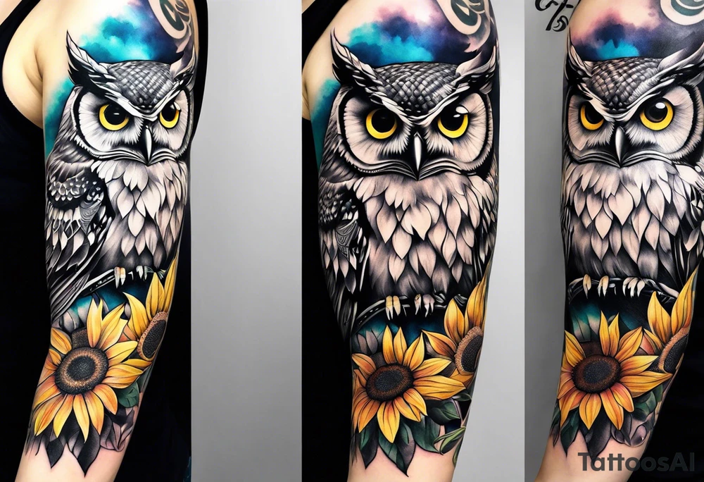 Arm sleeve with colorful sunflowers and an owl tattoo idea