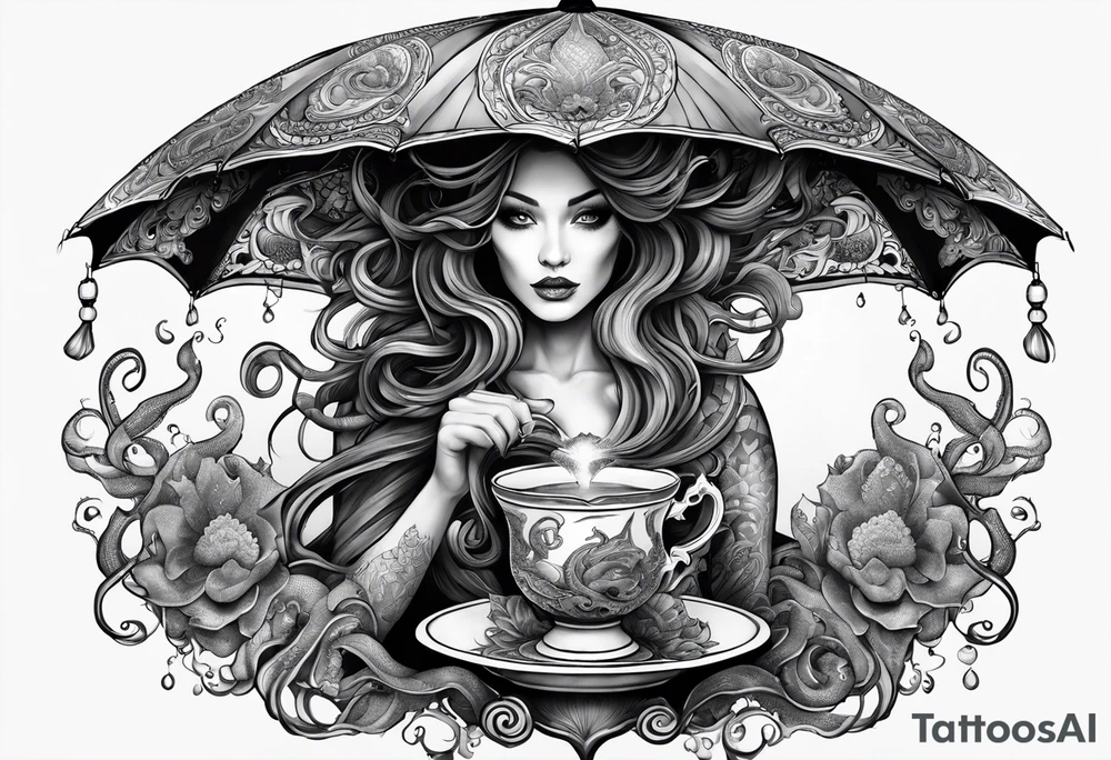 a sea witch with tentacles holding a teacup sitting inside a large umbrella tattoo idea