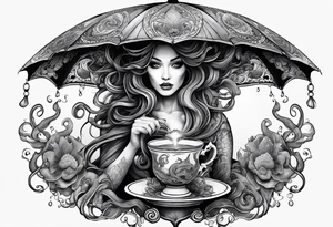 a sea witch with tentacles holding a teacup sitting inside a large umbrella tattoo idea