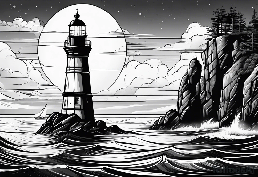 phare maritime dans un bateau a voiles vu du devant. tattoo idea