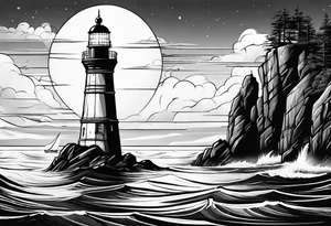 phare maritime dans un bateau a voiles vu du devant. tattoo idea