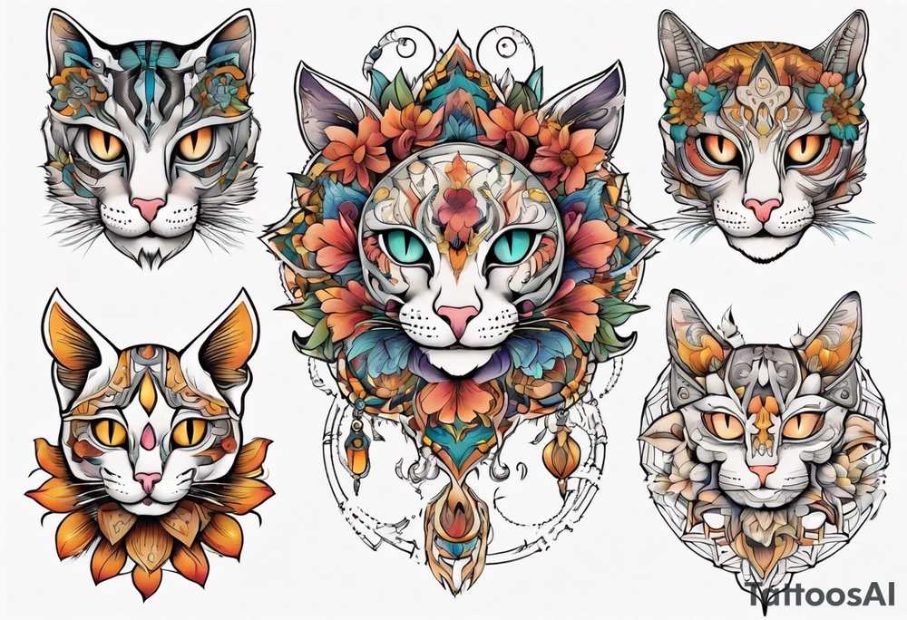 Fineline Cat colored flowers mandala tattoo idea
