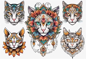 Fineline Cat colored flowers mandala tattoo idea