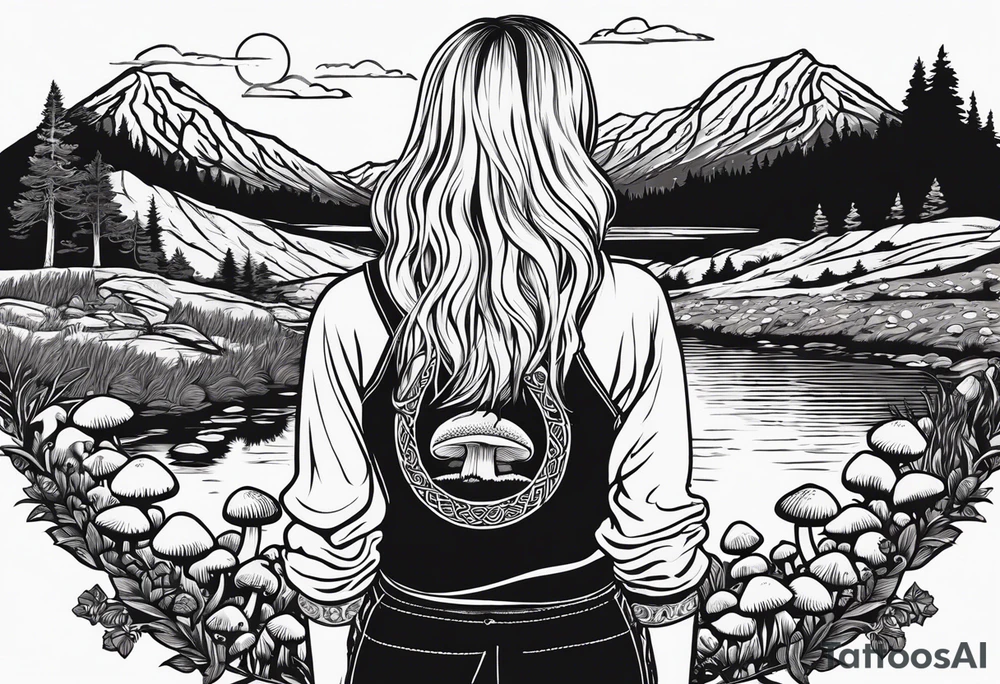 Whole picture encircled fully

Straight long blonde hair hippie girl in distance holding mushrooms in hand facing away toward mountains and creek surrounded by mushrooms long sleeve shirt and hiking pants; whole rendering within a full celtic circle border, no cut off circle tattoo idea