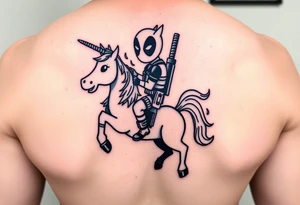 Deadpool riding unicorn holding RPG tattoo idea