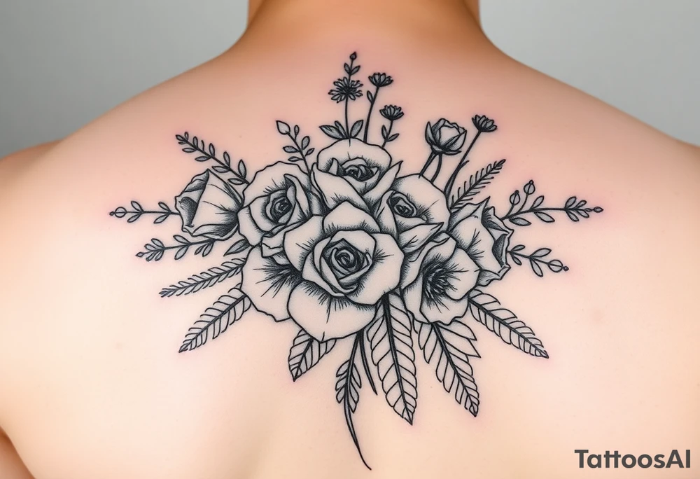 vintage bouquet of wild roses and meadow flowers with morning dew tattoo idea