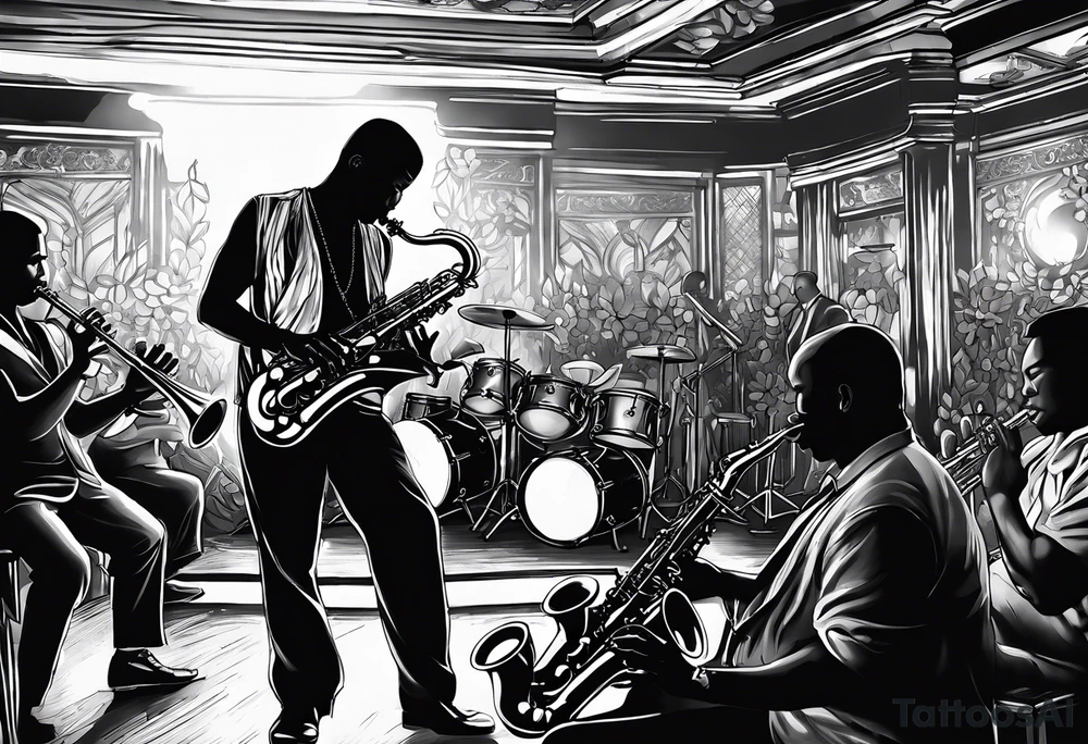 Muay thai boxer playing on tenor saxophone in a jazz club front of a jazz trio band. The notes coming out from the saxophone are turning into buddhist symbols. tattoo idea