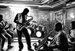 Muay thai boxer playing on tenor saxophone in a jazz club front of a jazz trio band. The notes coming out from the saxophone are turning into buddhist symbols. tattoo idea