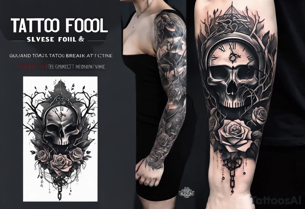 tattoo fool sleeve, tree roots break out of the chains at the bottom of the hand, broken mask, Clock with flying numbers, girl, skull, roses, less shadows tattoo idea