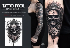 tattoo fool sleeve, tree roots break out of the chains at the bottom of the hand, broken mask, Clock with flying numbers, girl, skull, roses, less shadows tattoo idea