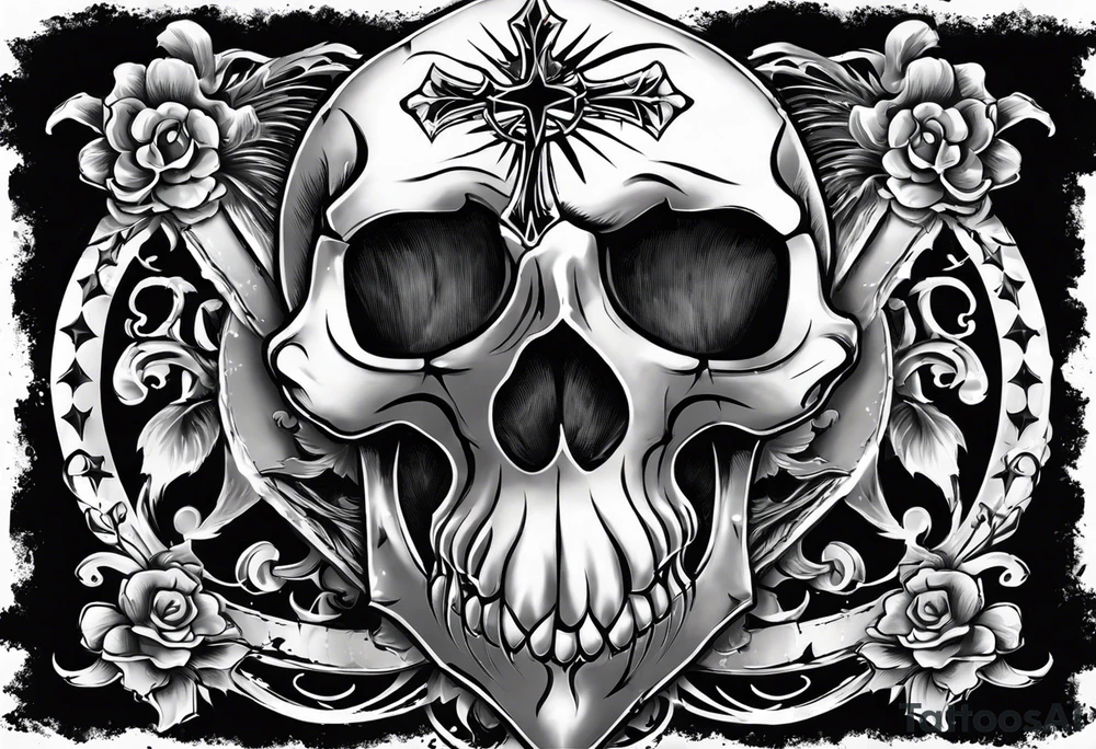 Un crâne assez hardcore avec une iroquoise en coupe de cheveux sur le crâne style punk/métal avec des flammes derrière et avec 2 os qui forment une croix tattoo idea