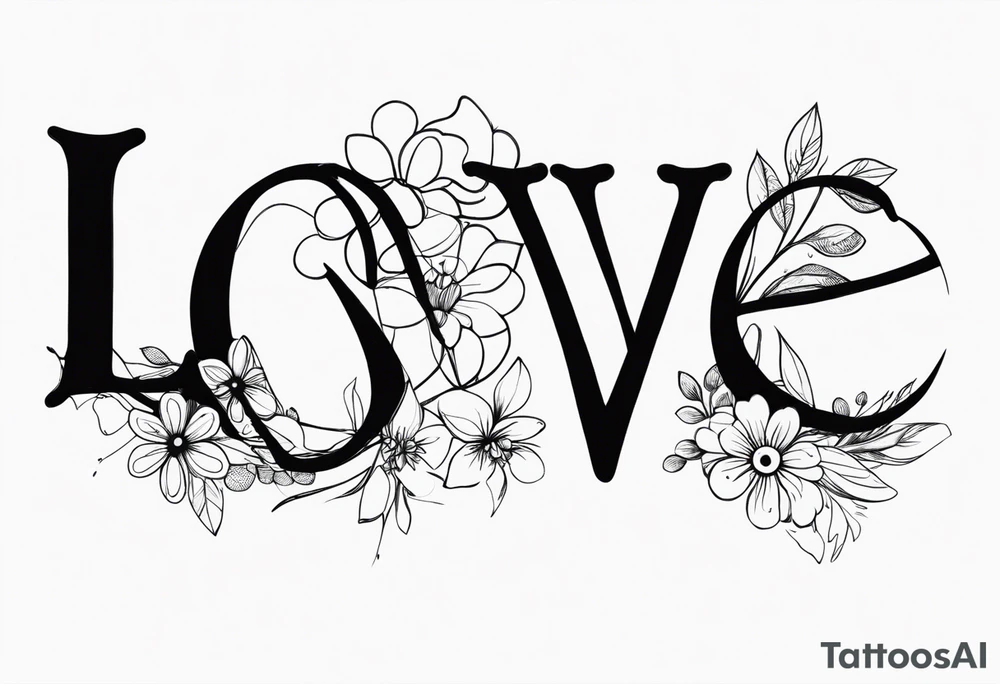 cursive lowercase word love making the o in love a dog paw print and entwine a 3 wild flowers in the word love tattoo idea