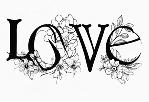 cursive lowercase word love making the o in love a dog paw print and entwine a 3 wild flowers in the word love tattoo idea