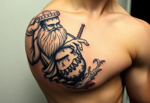 A large humanized god carrying a jar on his shoulder, the jar flows from water to create a marine environment tattoo idea