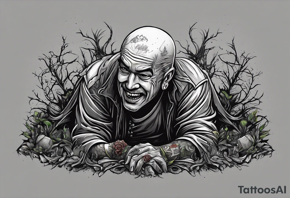 Man crawling out of grave. 
MIW Reincarnate written on gravestone tattoo idea