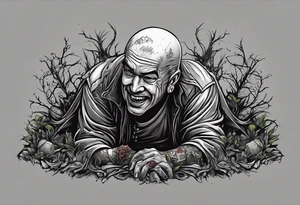 Man crawling out of grave. 
MIW Reincarnate written on gravestone tattoo idea