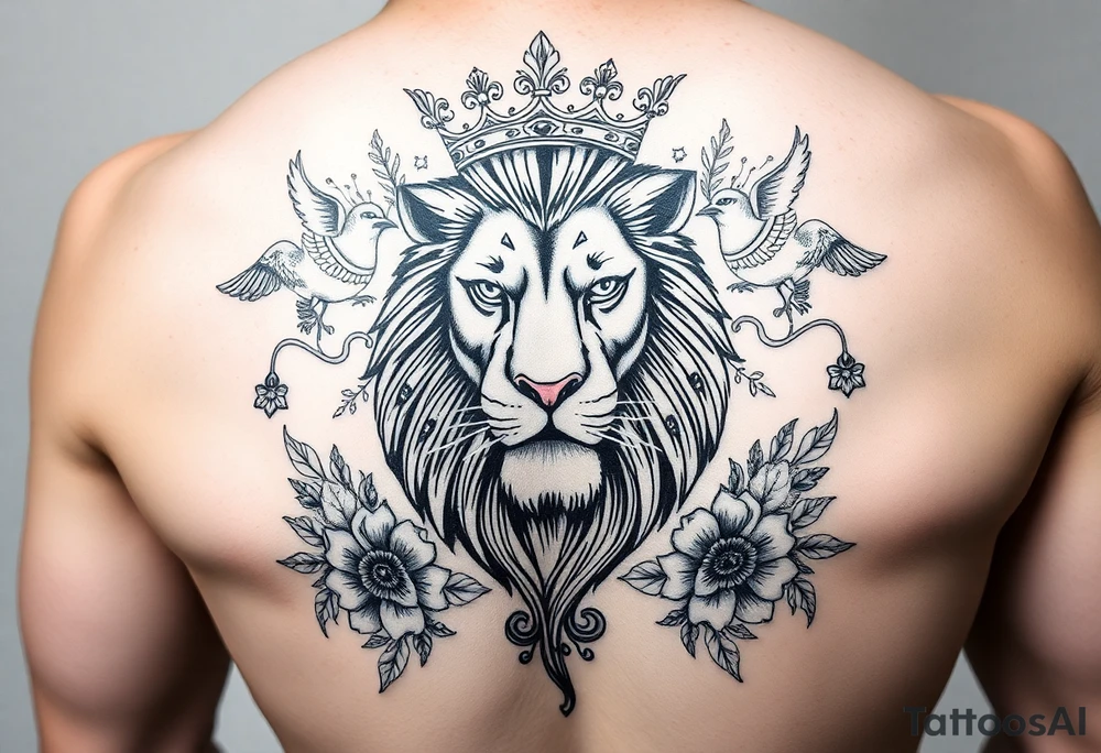 powerful majestic lion with a crown, surrounded by floral ornaments and birds tattoo idea