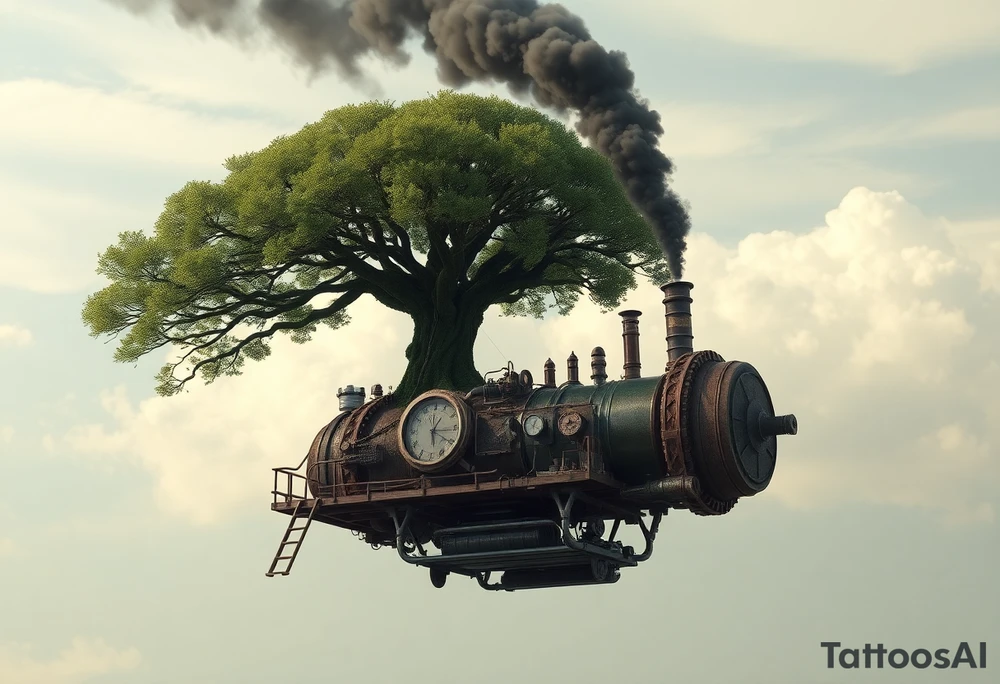 tree growing out of a v shaped engine with lots of pipes, guages and steam around the engine 
 with a smoke stack coming out of the top 
 billowing black smoke as if the tree and engine were a flying machine flying through the air 
 with an extreme steam punk vibe alot more steam punk 
it should look somewhat like a hot air baloon where the tree is the balloon and the machine is the basket but they are together as one unit, and the sky should have clouds in the back ground as if it were chugging along flying through the sky and needs to look extremely steam punk
the smoke stack should be coming out of the tree and the smoke should be trailing behind the machine 
the tree is the actual smoke stack for the machine 
the smoke stack should be a branch pointing up and out with smoke billowing out of it 
and the motor should be a motor that is kind of shaped like the letter V
and there should be a little tree house built in the tree with steam punk looking windows and some stairs down to a platform on the top of the engine 
the tree house shouold be built into the tree as if it were grown into the tree 
on the second picture will you incorporate the face of a clock on the round end of the machine tattoo idea