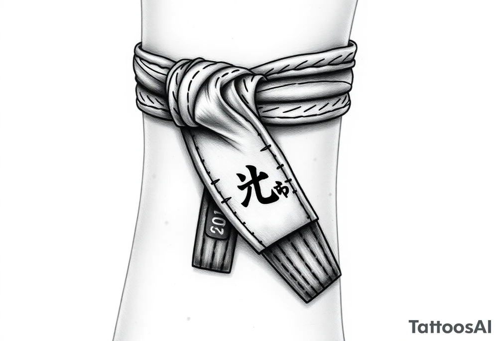 A realistic black and gray tattoo of a Brazilian Jiu-Jitsu black belt wrapping around the wrist like a bracelet. The belt is tied in a knot with one end showing the number 30 and the other showing 24. On the flat end of the belt, two Japanese kanji characters are inked in white: 成長 (growth) and 忍耐 (perseverance). The belt has subtle stitch marks and worn, textured shading for a slightly distressed, authentic look. tattoo idea