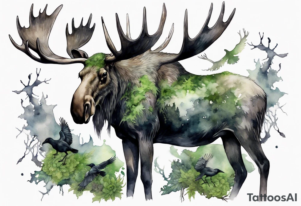 a giant moose covered in moss surrounded by ghostly ravens tattoo idea