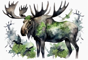 a giant moose covered in moss surrounded by ghostly ravens tattoo idea