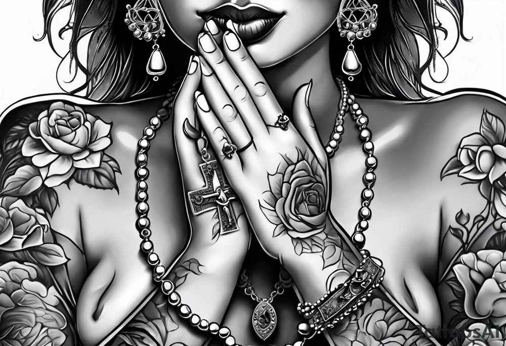 A woman’s praying hands holding a rosary catholic style tattoo idea A woman’s praying hands holding a rosary catholic style tattoo idea