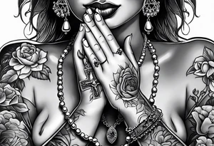 A woman’s praying hands holding a rosary catholic style tattoo idea