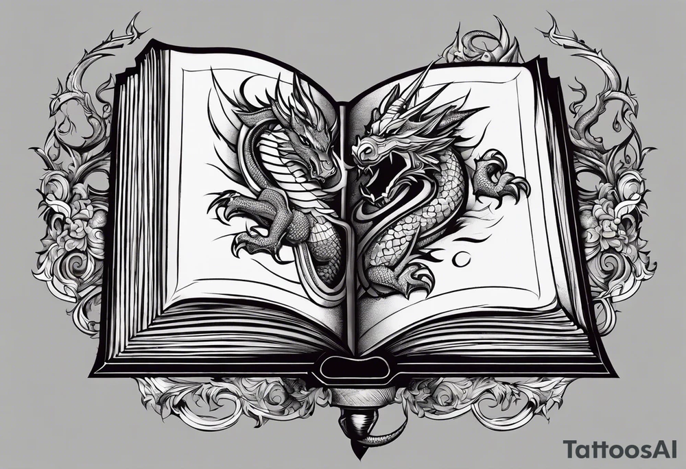 an empty open book with a sword through it, dragons and sparks surrounding the book. small design tattoo idea