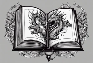an empty open book with a sword through it, dragons and sparks surrounding the book. small design tattoo idea