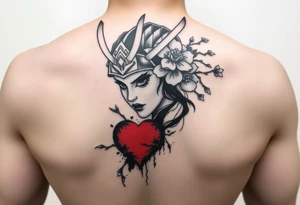 Samurai women warrior face
 with a with cherry blossom with wind red heart design bleed tattoo idea