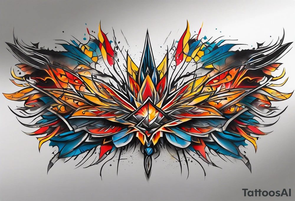 Wide tattoo that appears to be bursting out of the skin, symbolizing freedom. The tattoo should be vibrant and dynamic, with bold lines and colors that evoke a sense of liberation and empowerment. Consider incorporating elements such as broken chains, or other symbols of freedom. The tattoo should be visually striking and thought-provoking, inviting the viewer to reflect on the importance of personal freedom. tattoo idea