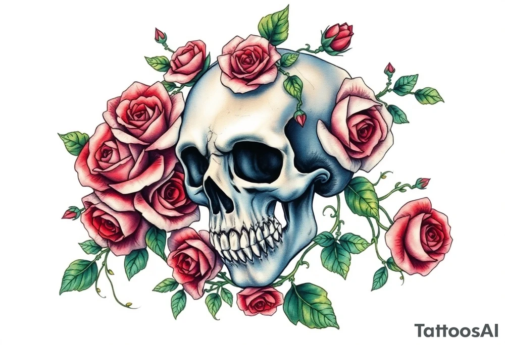 gothic skull intertwined with climbing roses and thorny vines tattoo idea