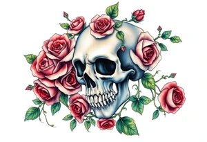 gothic skull intertwined with climbing roses and thorny vines tattoo idea