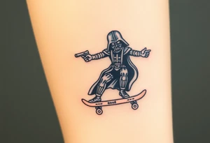 Darth Vader skateboarding with gun> bullets > memorial > god > colors > futuristic/space/star wars
add name "Darth Carter" on skateboard
add date 12/29/88-01/06/24 tattoo idea