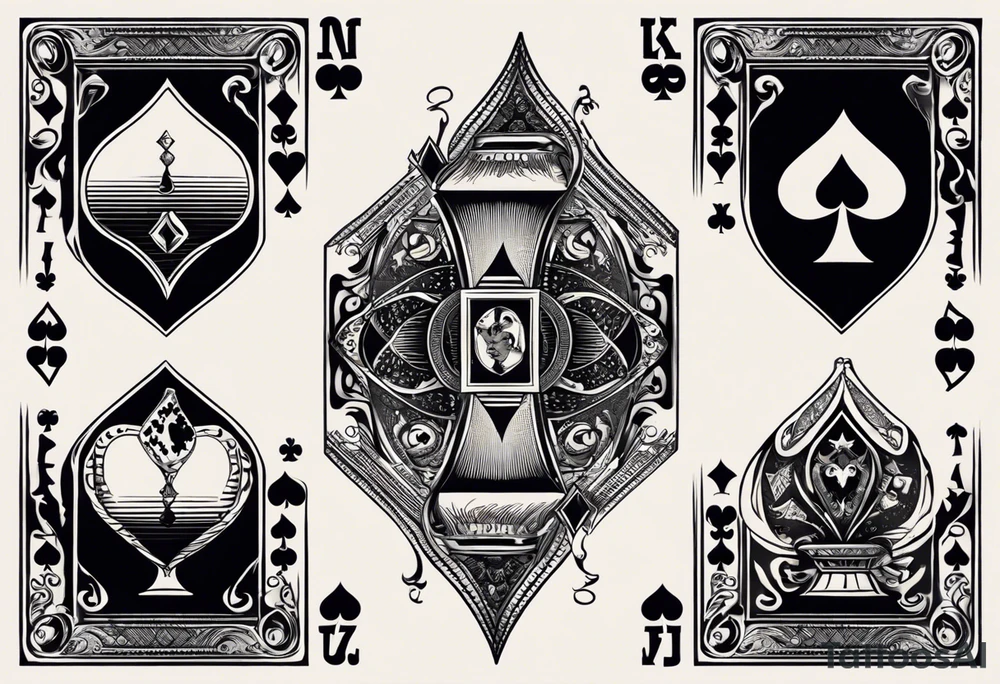 A black-and-white tattoo featuring a deck of playing cards falling mid-air, with a joker card prominently displayed at the center to symbolize unpredictability and chaos in life. The cards are scattered, some face-up, some face-down, representing chance and fate. A small hourglass is incorporated at the base of the design, symbolizing the passage of time. The tattoo uses bold lines and shading to create depth and contrast, keeping the design entirely black and white tattoo idea