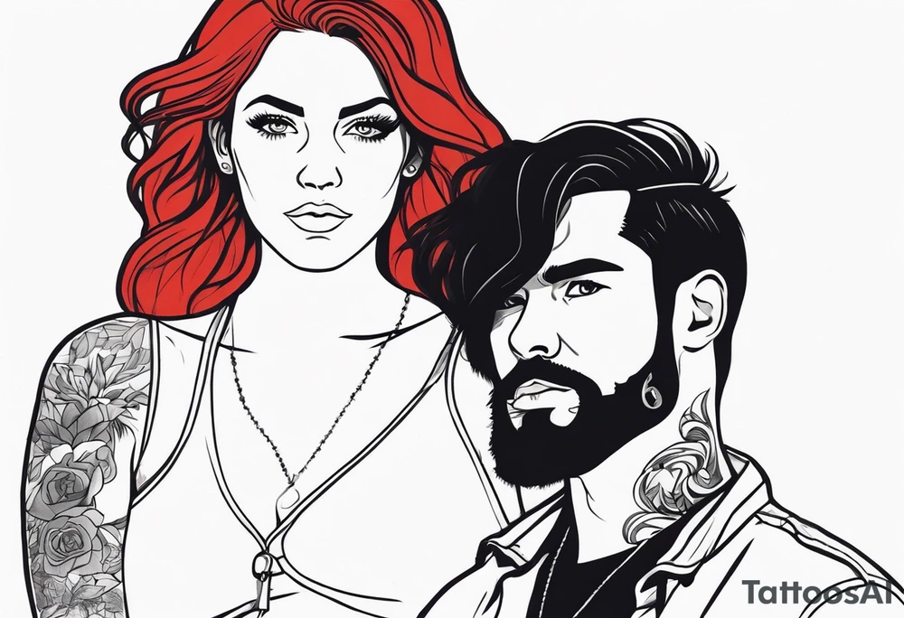 Busty Red haired woman with black haired bearded man tattoo idea