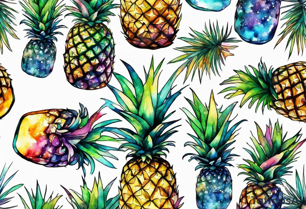 Broken glass watercolour tattoo, stag in shape of pineapple, Amsterdam, Amsterdam buildings, Amsterdam canal, space colours, galaxy colours, pineapples tattoo idea