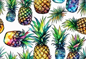 Broken glass watercolour tattoo, stag in shape of pineapple, Amsterdam, Amsterdam buildings, Amsterdam canal, space colours, galaxy colours, pineapples tattoo idea