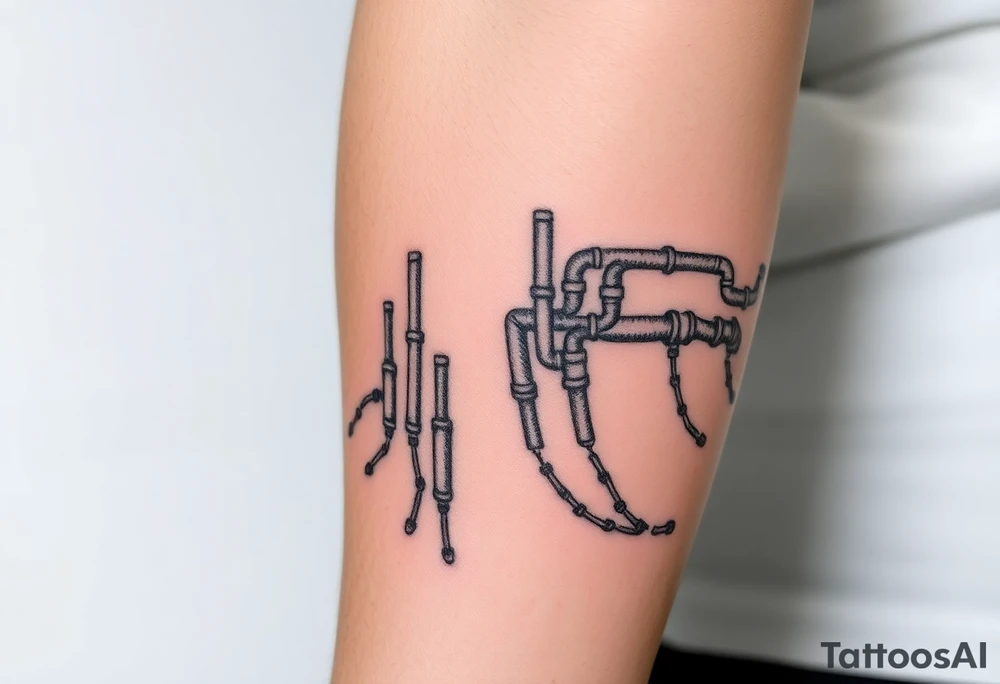 wide System of pipes that transitions and transforms outwards of sides and end into thick, widespread 
veins of forearm tattoo idea